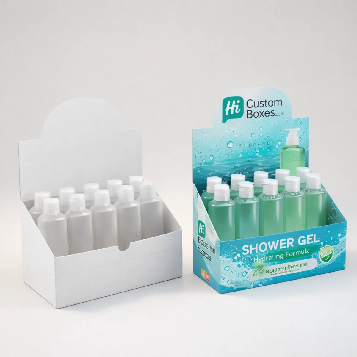 Two cardboard retail display units holding rows of small green bottles, one plain white and one branded. class=